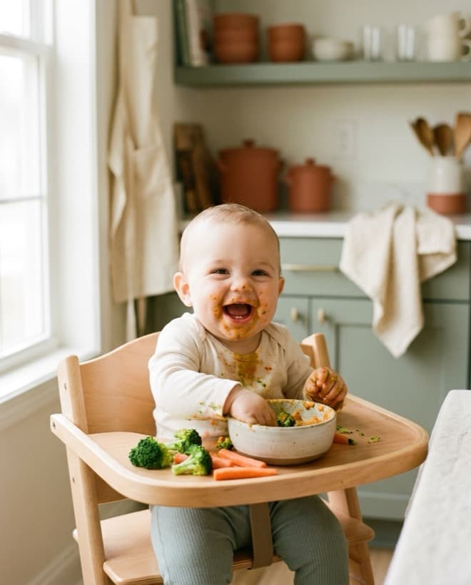 Bambino che mangia da solo cibo colorato fatto in casa
